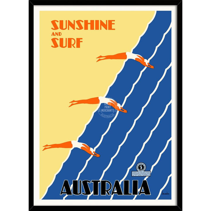 Sunshine And Surf 3 Divers | Australia 422Mm X 295Mm 16.6 11.6 A3 / Black Print Art