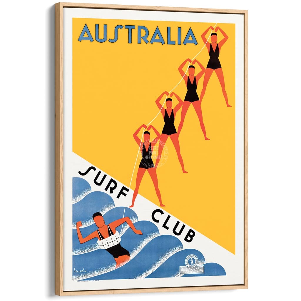 Surf Club 1936 | Australia A3 297 X 420Mm 11.7 16.5 Inches / Canvas Floating Frame: Natural Oak