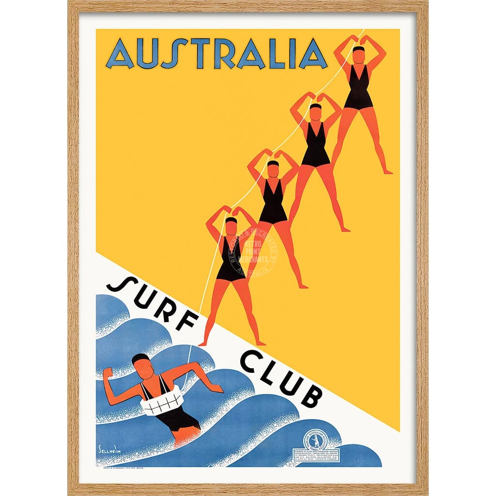 Surf Club 1936 | Australia A3 297 X 420Mm 11.7 16.5 Inches / Framed Print: Natural Oak Timber Print