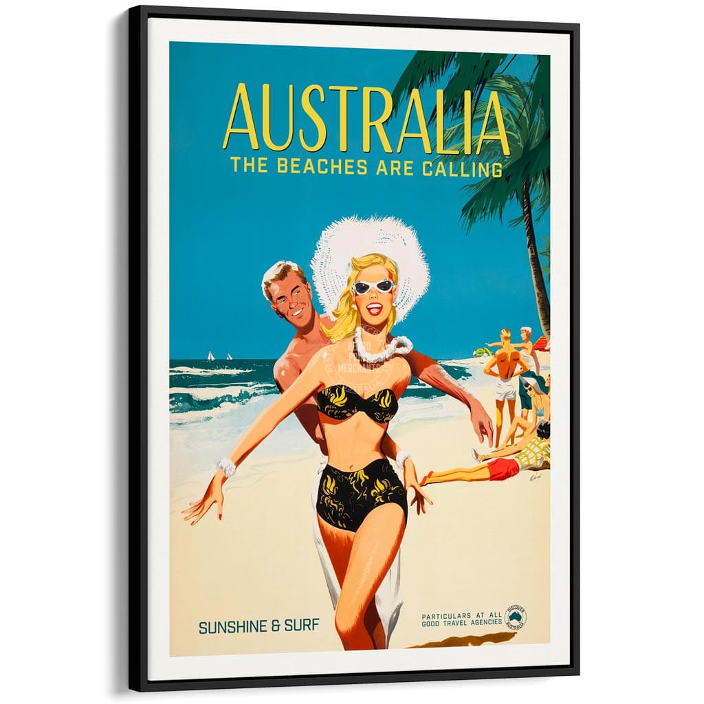 The Beaches Are Calling | Australia A4 210 X 297Mm 8.3 11.7 Inches / Canvas Floating Frame: Black