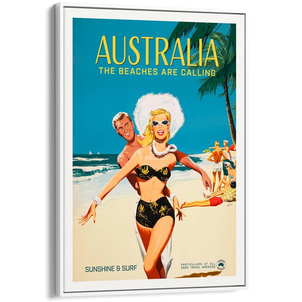 The Beaches Are Calling | Australia A4 210 X 297Mm 8.3 11.7 Inches / Canvas Floating Frame: White