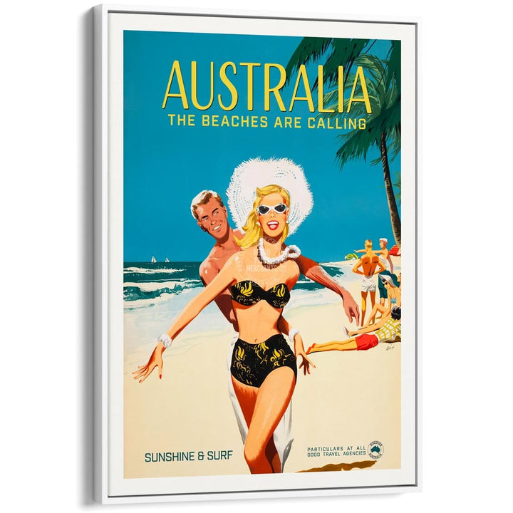 The Beaches Are Calling | Australia A4 210 X 297Mm 8.3 11.7 Inches / Canvas Floating Frame: White