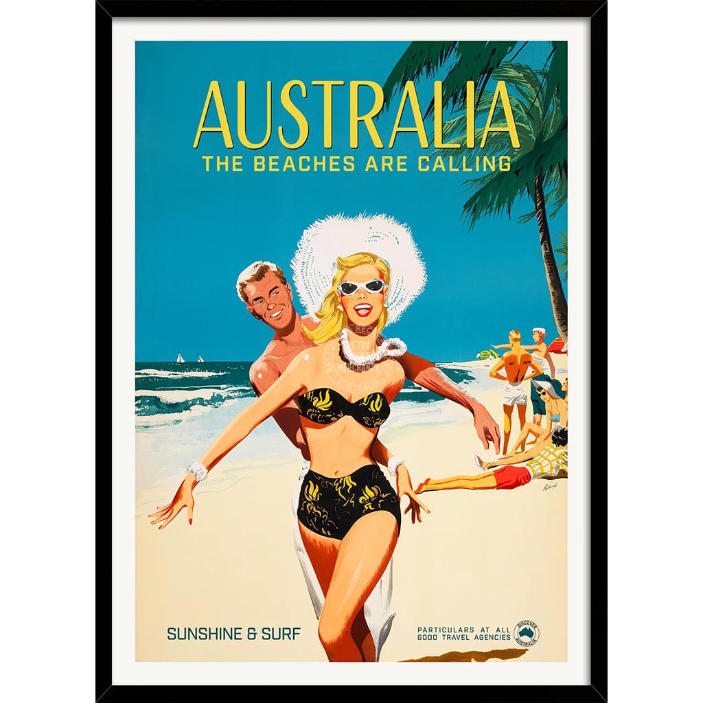 The Beaches Are Calling | Australia A4 210 X 297Mm 8.3 11.7 Inches / Framed Print: Black Timber