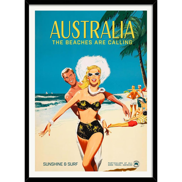 The Beaches Are Calling | Australia A4 210 X 297Mm 8.3 11.7 Inches / Framed Print: Black Timber