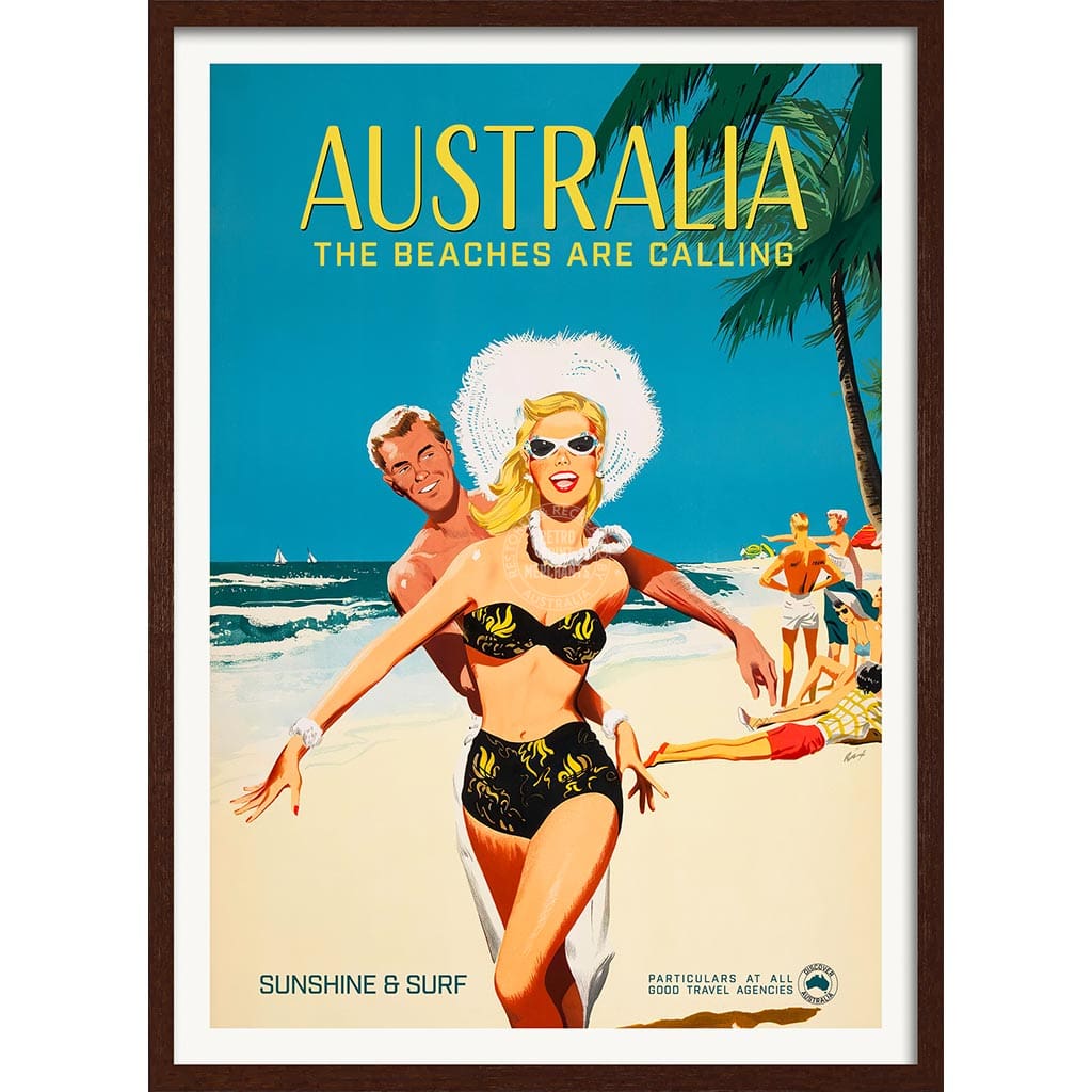 The Beaches Are Calling | Australia A4 210 X 297Mm 8.3 11.7 Inches / Framed Print: Chocolate Oak