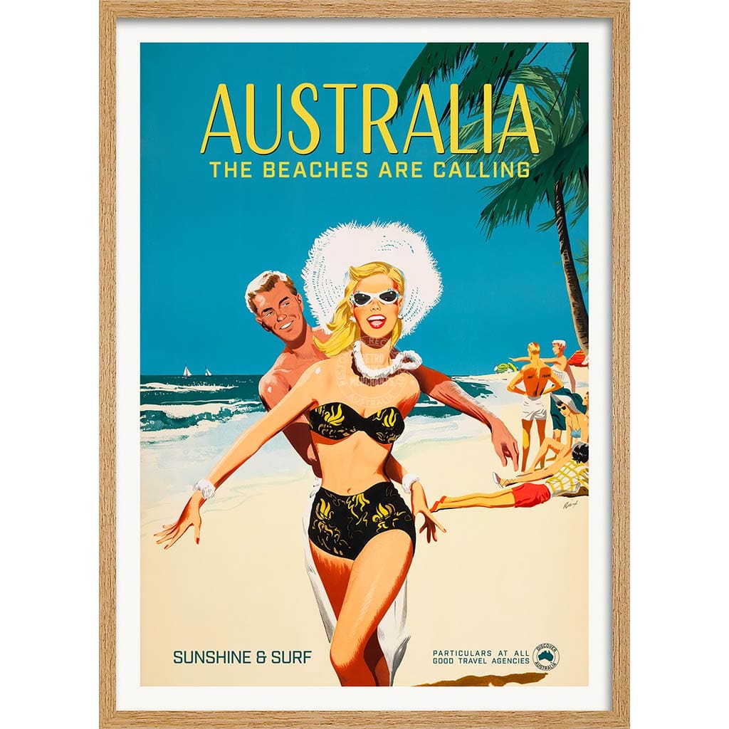 The Beaches Are Calling | Australia A4 210 X 297Mm 8.3 11.7 Inches / Framed Print: Natural Oak