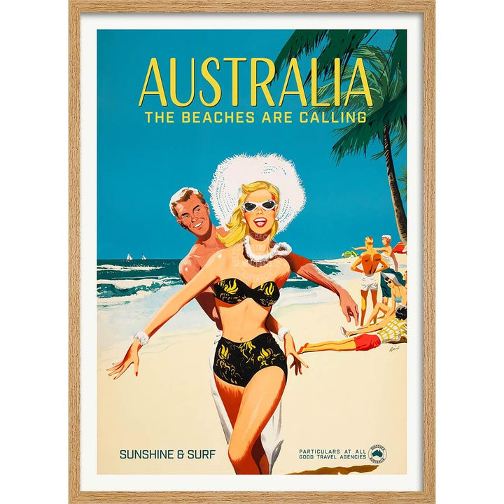 The Beaches Are Calling | Australia A4 210 X 297Mm 8.3 11.7 Inches / Framed Print: Natural Oak