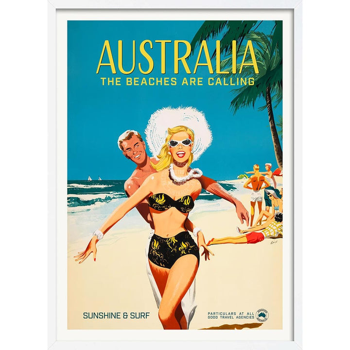 The Beaches Are Calling | Australia A4 210 X 297Mm 8.3 11.7 Inches / Framed Print: White Timber