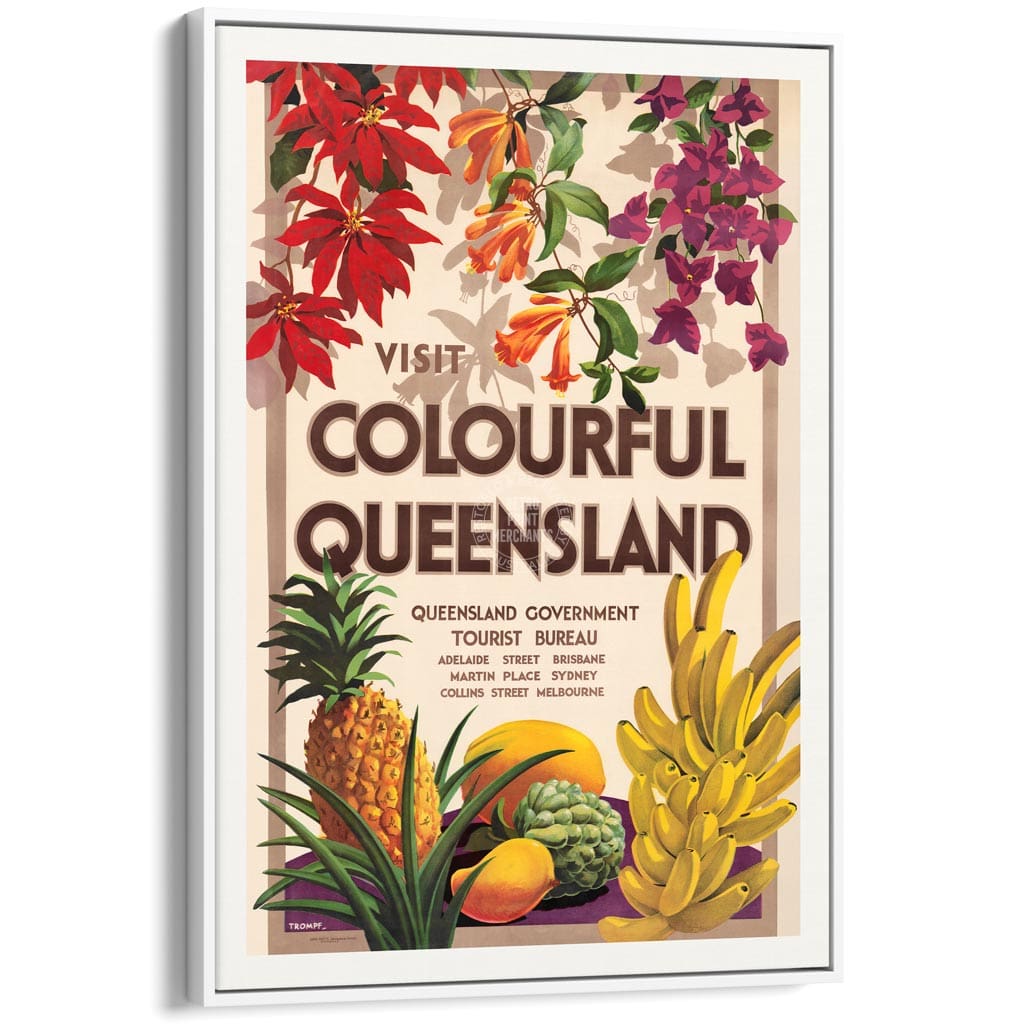 VISIT COLOURFUL QUEENSLAND | AUSTRALIA A3 | 297 x 420mm | 11.7 x 16.5 inches / Canvas Floating Frame: White Timber