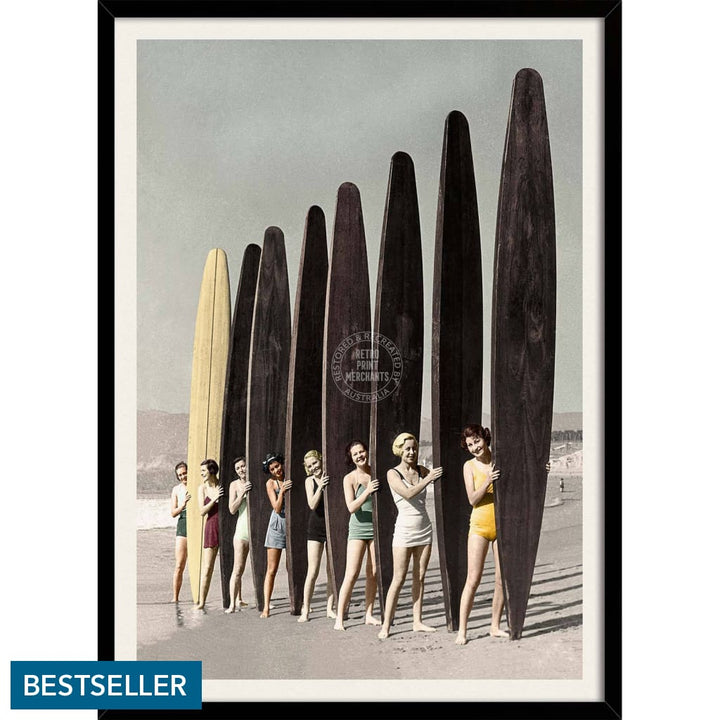 Women Surfing With Longboards In Colour | Australia 422Mm X 295Mm 16.6 11.6 A3 / Black Print Art