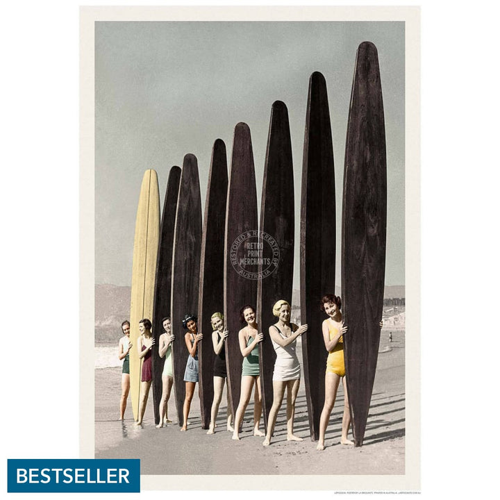 Women Surfing With Longboards In Colour | Australia 422Mm X 295Mm 16.6 11.6 A3 / Unframed Print Art