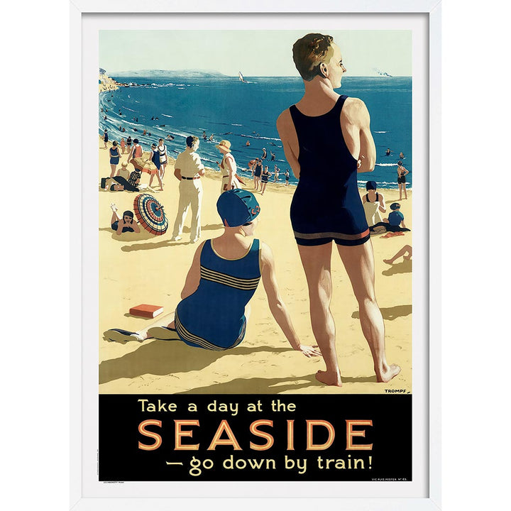 Seaside Go By Train | Australia A3 297 X 420Mm 11.7 16.5 Inches / Framed Print: White Timber Print