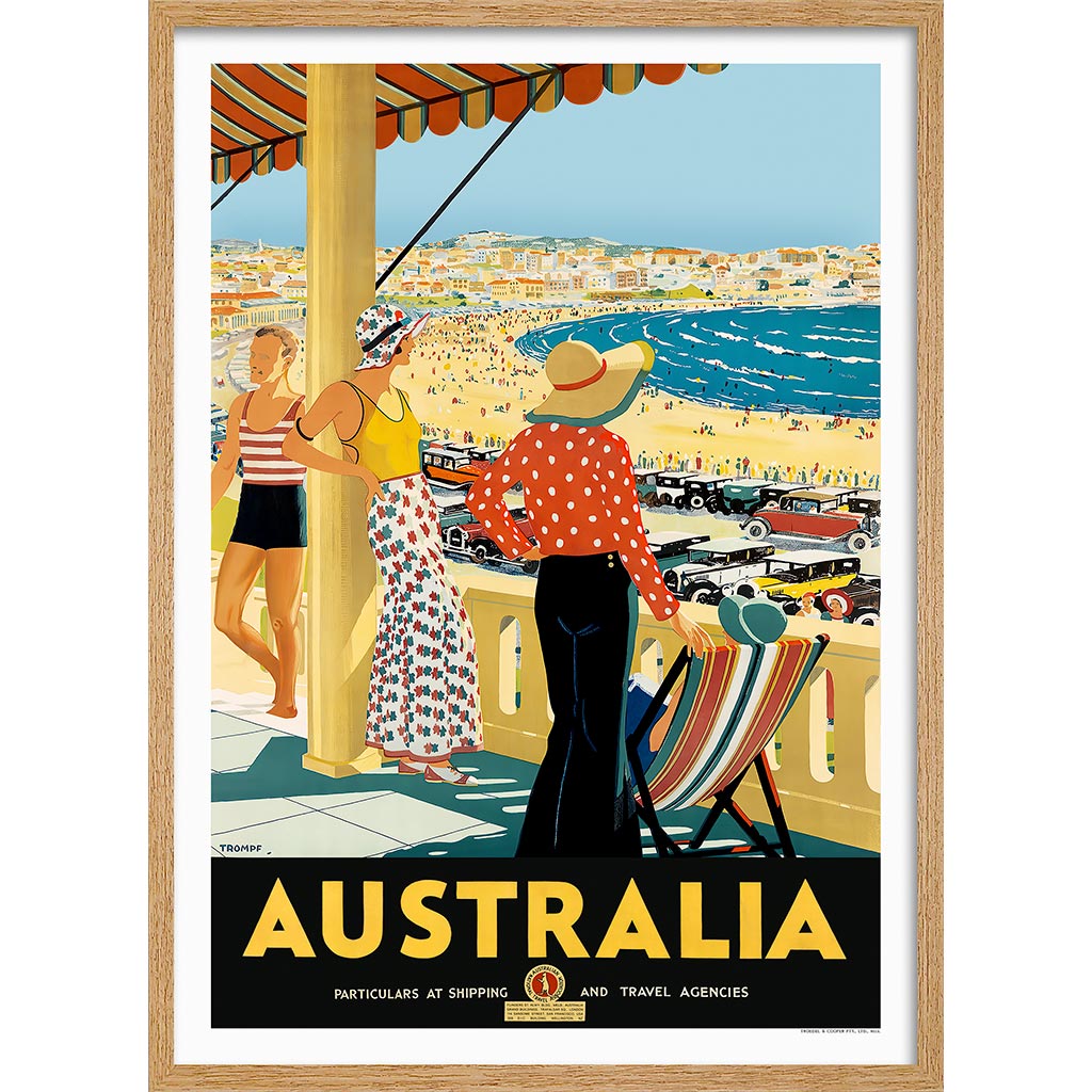 Australia Bondi Beach | A3 297 X 420Mm 11.7 16.5 Inches / Framed Print: Natural Oak Timber Print Art