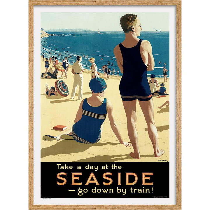 Seaside Go By Train | Australia A3 297 X 420Mm 11.7 16.5 Inches / Framed Print: Natural Oak Timber