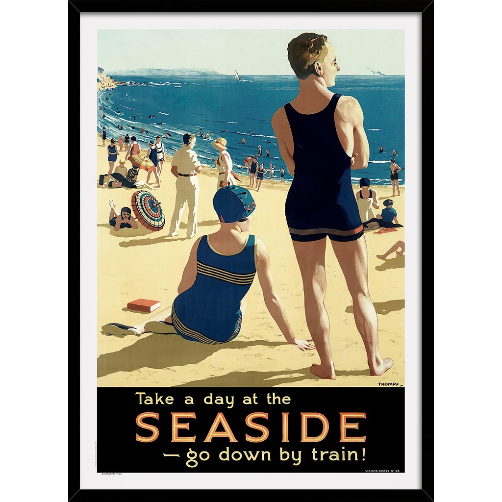 Seaside Go By Train | Australia A3 297 X 420Mm 11.7 16.5 Inches / Framed Print: Black Timber Print