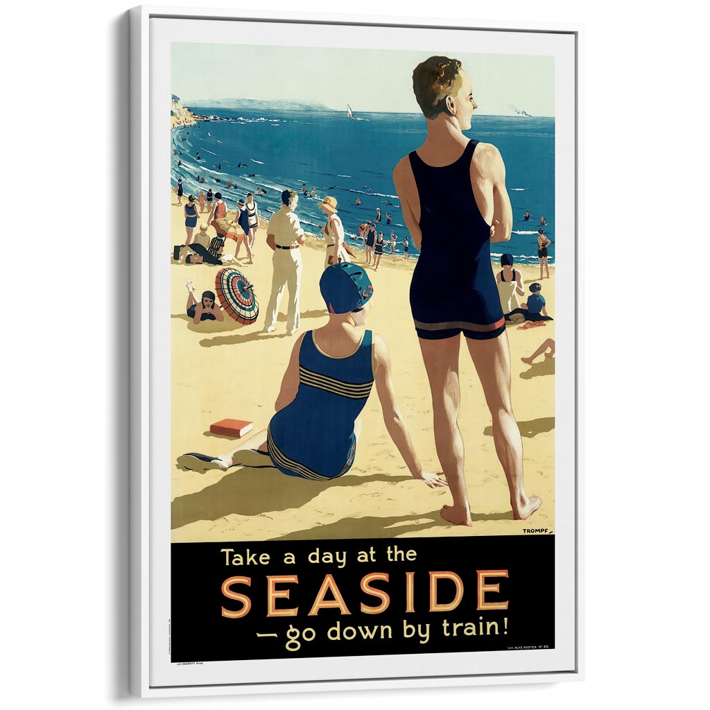 Seaside Go By Train | Australia A3 297 X 420Mm 11.7 16.5 Inches / Canvas Floating Frame: White