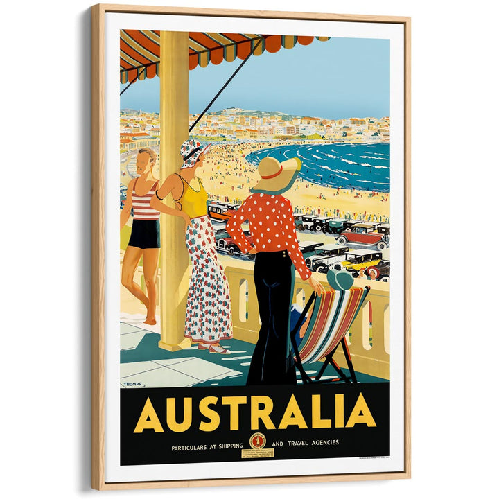 Australia Bondi Beach | A3 297 X 420Mm 11.7 16.5 Inches / Canvas Floating Frame: Natural Oak Timber