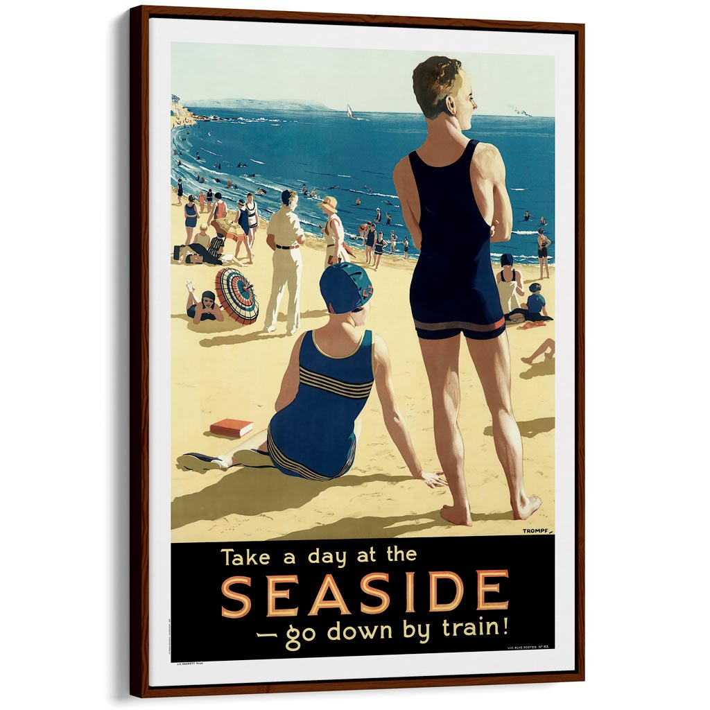 Seaside Go By Train | Australia A3 297 X 420Mm 11.7 16.5 Inches / Canvas Floating Frame: Chocolate