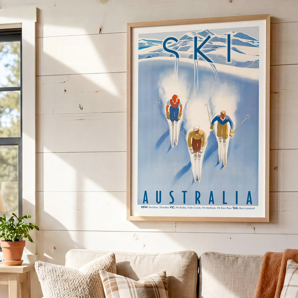 Ski Australia mid-century vintage travel poster print featuring Perisher Thredbo Mt Buller Falls Creek, printed in Australia