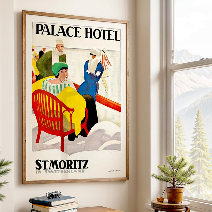 Palace Hotel St Moritz vintage Swiss tourism poster print Wolfsberg Zurich early 20th century, professionally restored printed in Australia by Retro Print Merchants