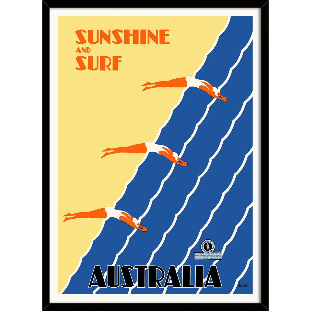 Sunshine And Surf 3 Divers | Australia 422Mm X 295Mm 16.6 11.6 A3 / Black Print Art