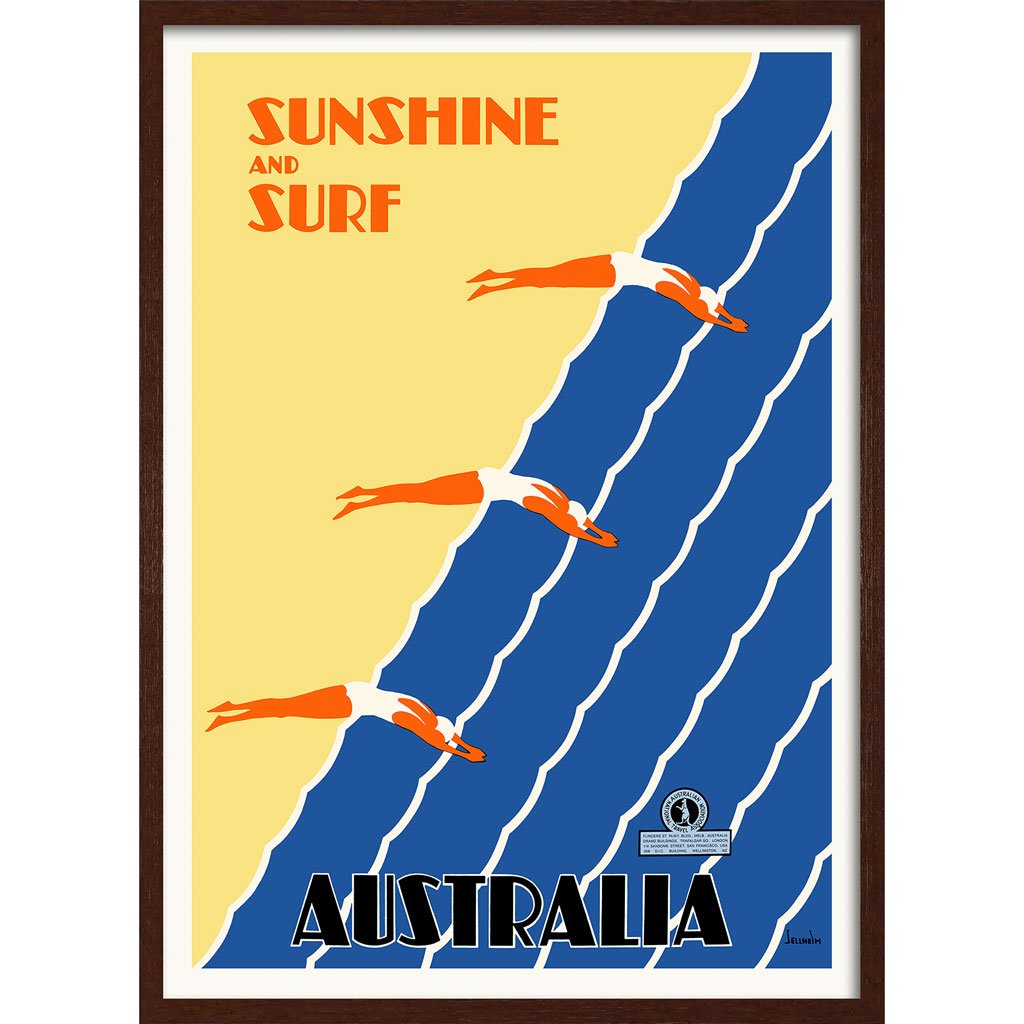 Sunshine And Surf 3 Divers | Australia 422Mm X 295Mm 16.6 11.6 A3 / Dark Oak Print Art