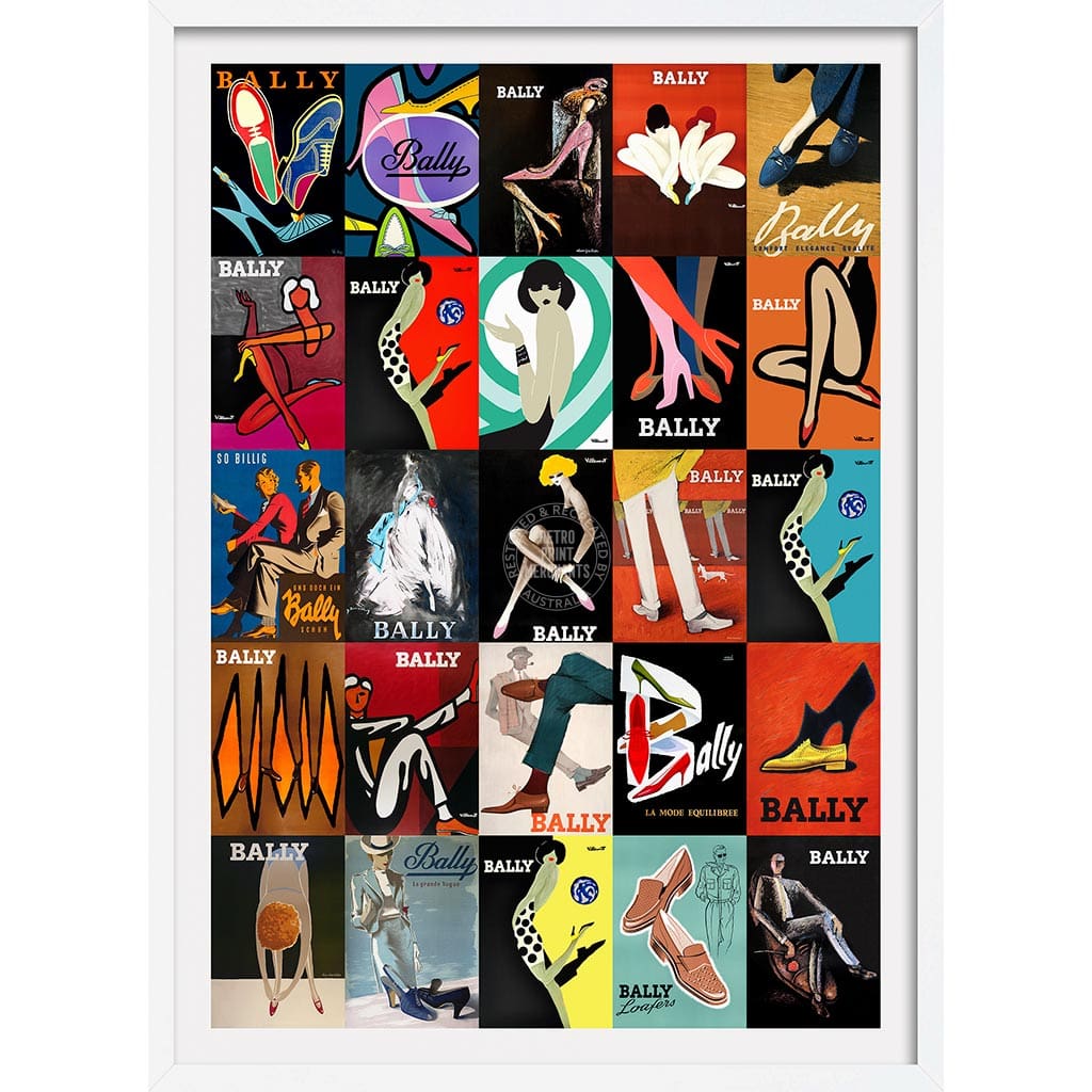 25 Famous Bally Posters | Switzerland A3 297 X 420Mm 11.7 16.5 Inches / Framed Print: White Timber