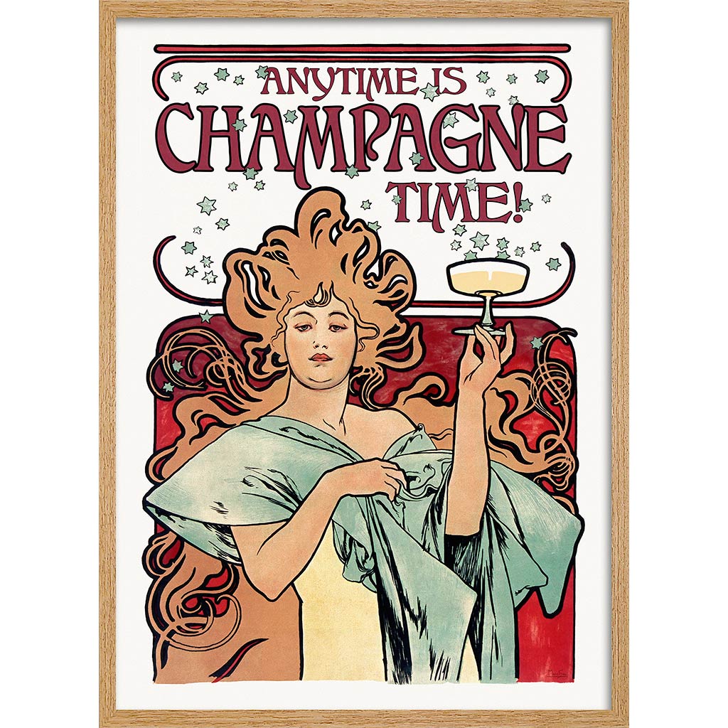 Anytime Is Champagne Time | Worldwide A4 210 X 297Mm 8.3 11.7 Inches / Framed Print: Natural Oak