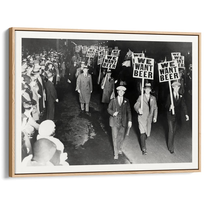 We Want Beer 1932 | Usa A4 210 X 297Mm 8.3 11.7 Inches / Canvas Floating Frame: Natural Oak Timber