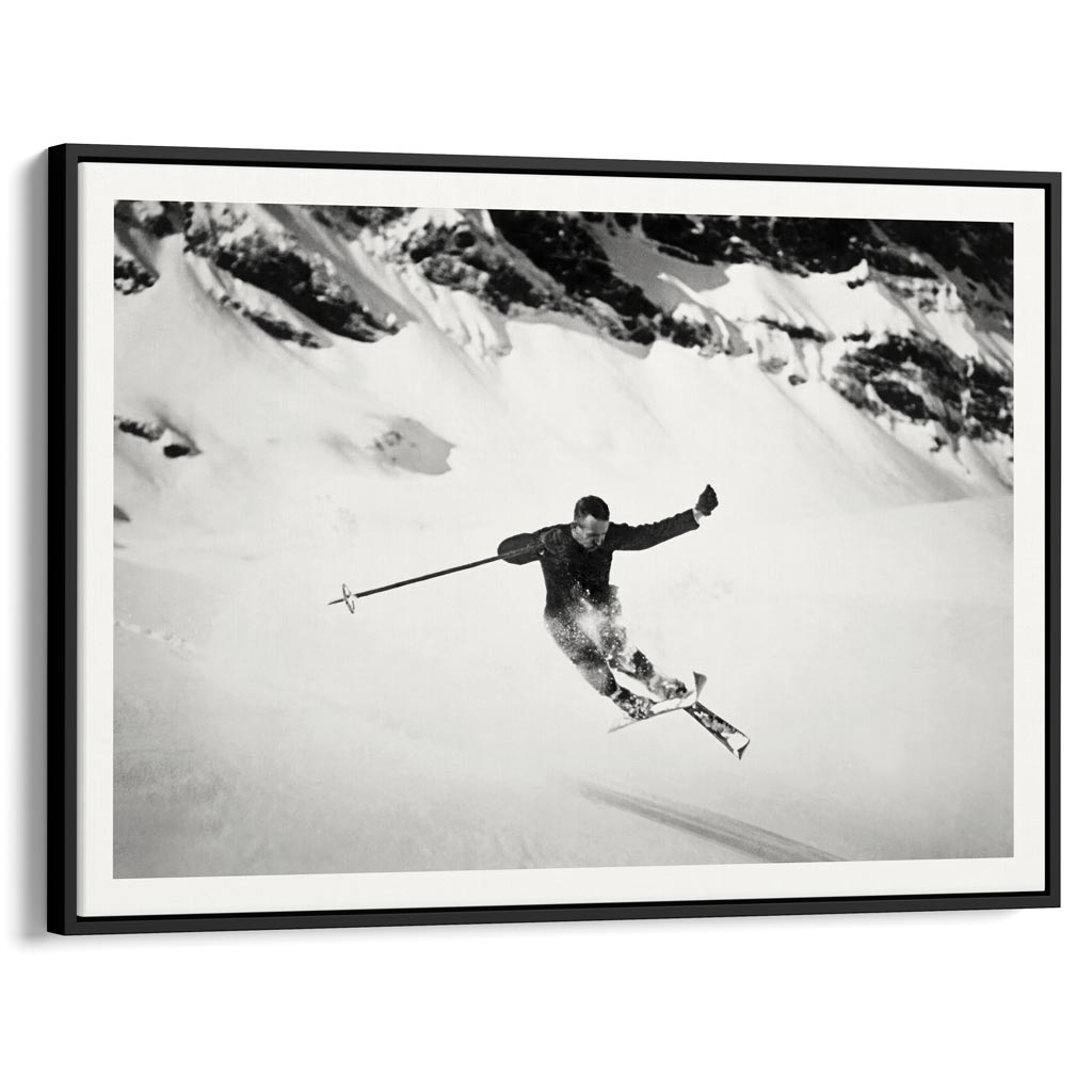 Skiing The Alps | Switzerland A4 210 X 297Mm 8.3 11.7 Inches / Canvas Floating Frame: Black Timber