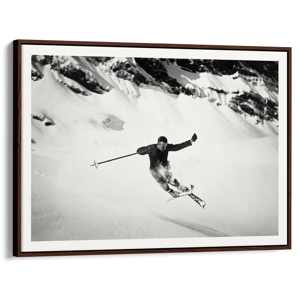 Skiing The Alps | Switzerland A4 210 X 297Mm 8.3 11.7 Inches / Canvas Floating Frame: Chocolate Oak