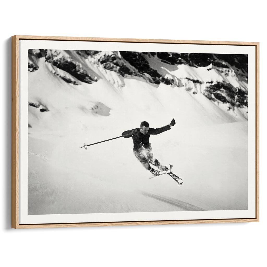 Skiing The Alps | Switzerland A4 210 X 297Mm 8.3 11.7 Inches / Canvas Floating Frame: Natural Oak