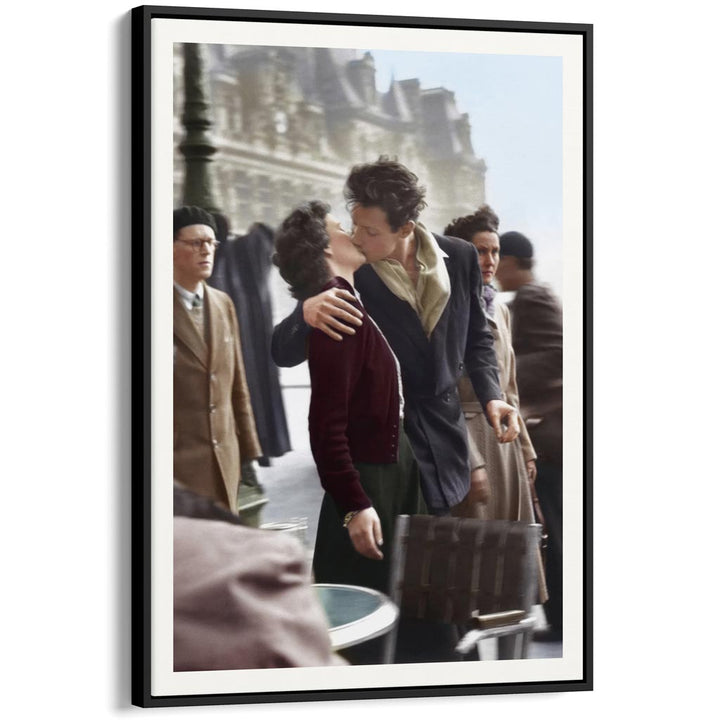 Paris Kiss Vertical | France A4 210 X 297Mm 8.3 11.7 Inches / Canvas Floating Frame: Black Timber