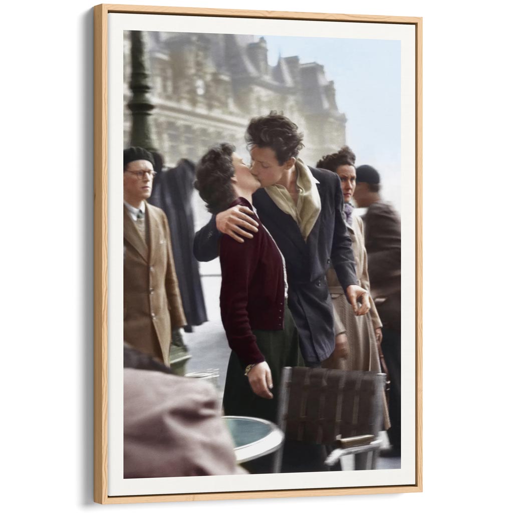 Paris Kiss Vertical | France A4 210 X 297Mm 8.3 11.7 Inches / Canvas Floating Frame: Natural Oak