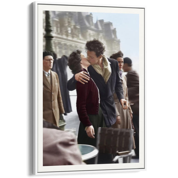 Paris Kiss Vertical | France A4 210 X 297Mm 8.3 11.7 Inches / Canvas Floating Frame: White Timber