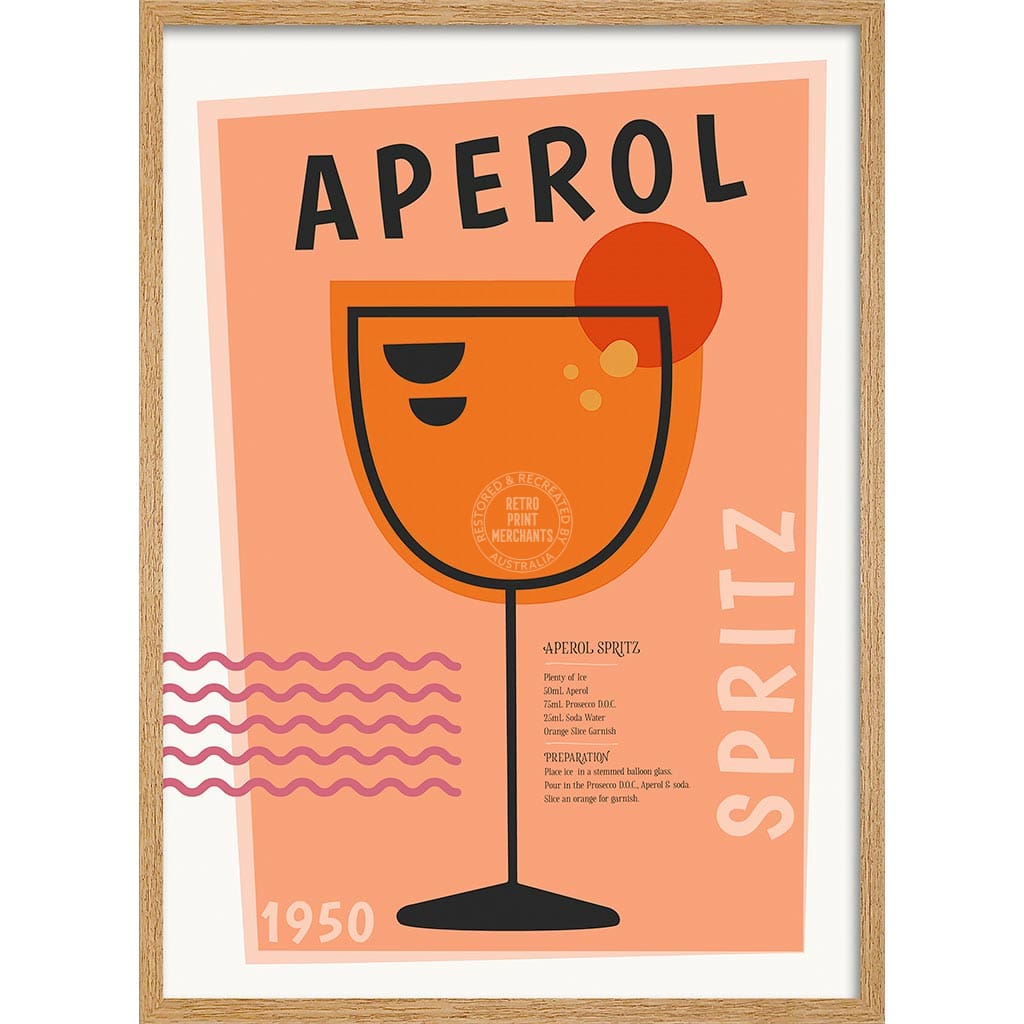 Aperol Spritz Cocktail | Worldwide A4 210 X 297Mm 8.3 11.7 Inches / Framed Print: Natural Oak