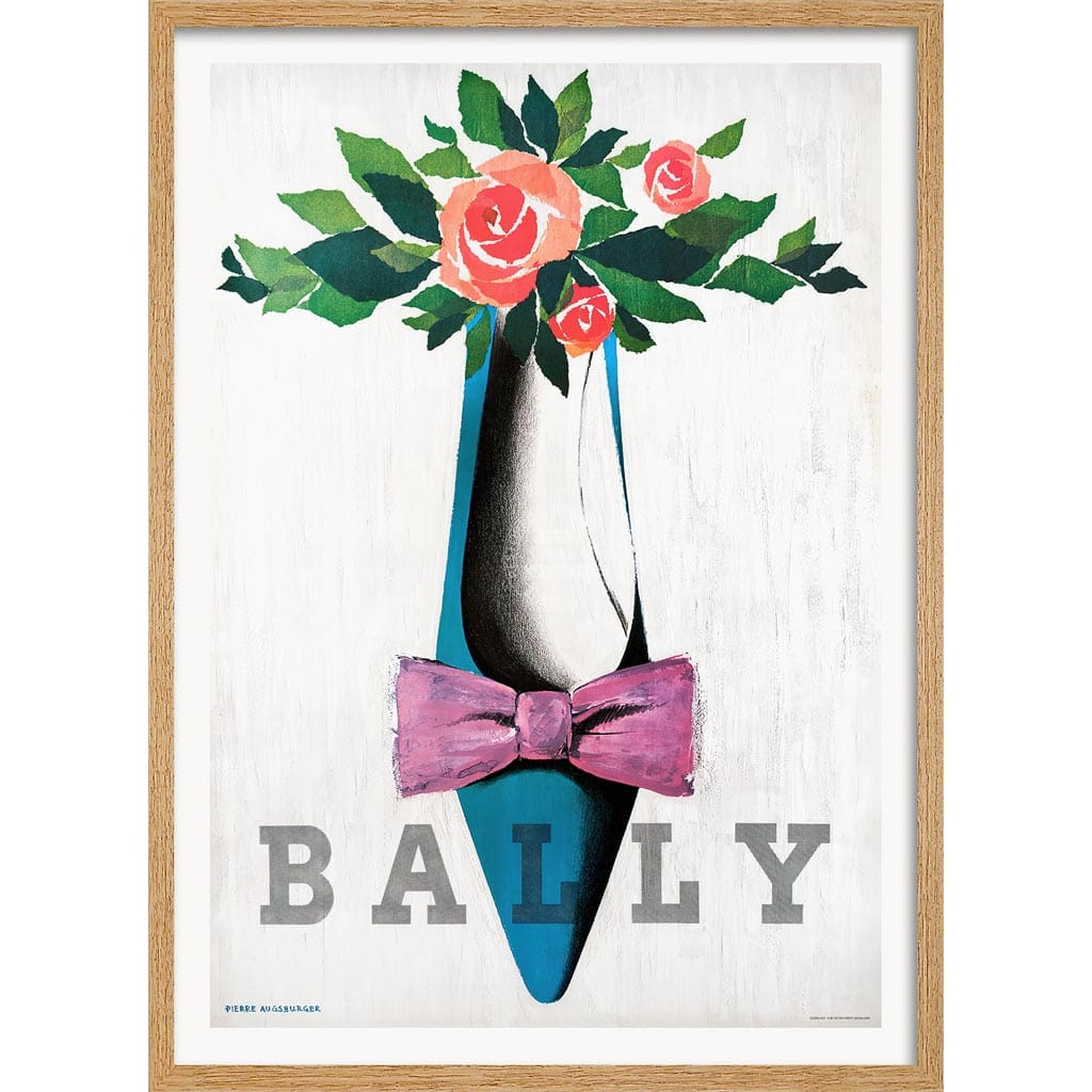 Bally Blue Shoe Pink Bow | Switzerland A4 210 X 297Mm 8.3 11.7 Inches / Framed Print: Natural Oak
