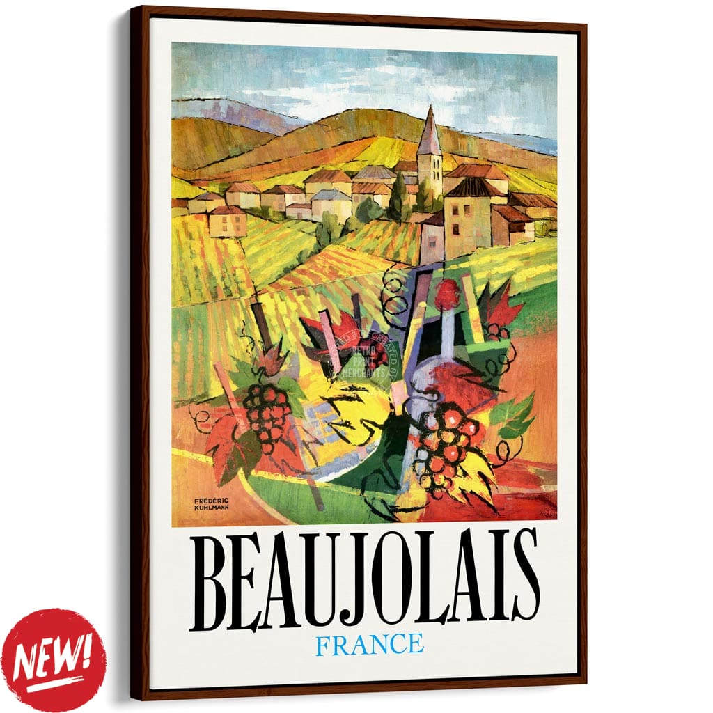 BEAUJOLAIS | FRANCE A3 | 297 x 420mm | 11.7 x 16.5 inches / Canvas Floating Frame: Chocolate Oak Timber Print Art