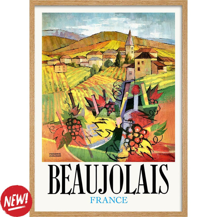 BEAUJOLAIS | FRANCE A3 | 297 x 420mm | 11.7 x 16.5 inches / Framed Print: Natural Oak Timber Print Art