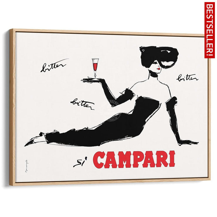 Campari Recline | Italy A3 297 X 420Mm 11.7 16.5 Inches / Canvas Floating Frame - Natural Oak Timber