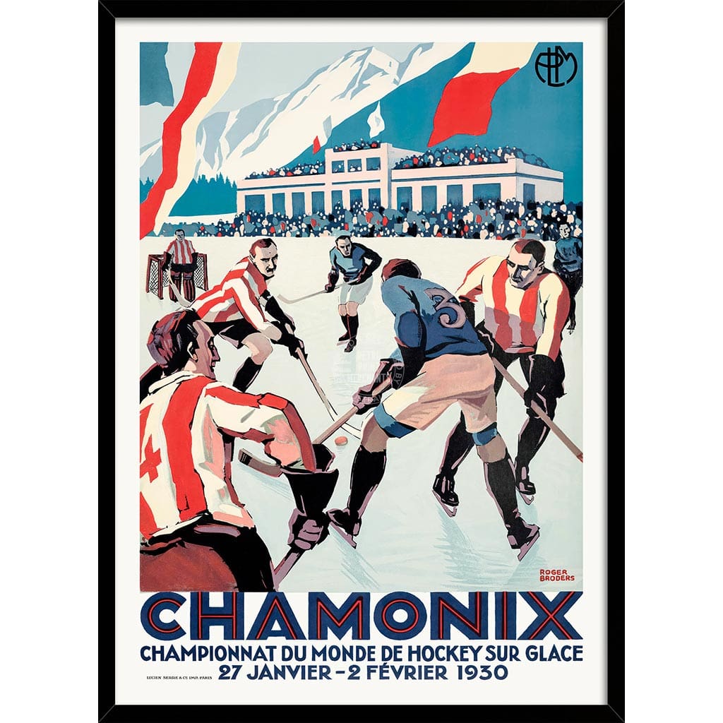 Chamonix Ice Hockey 1930 | France A3 297 X 420Mm 11.7 16.5 Inches / Framed Print: Black Timber