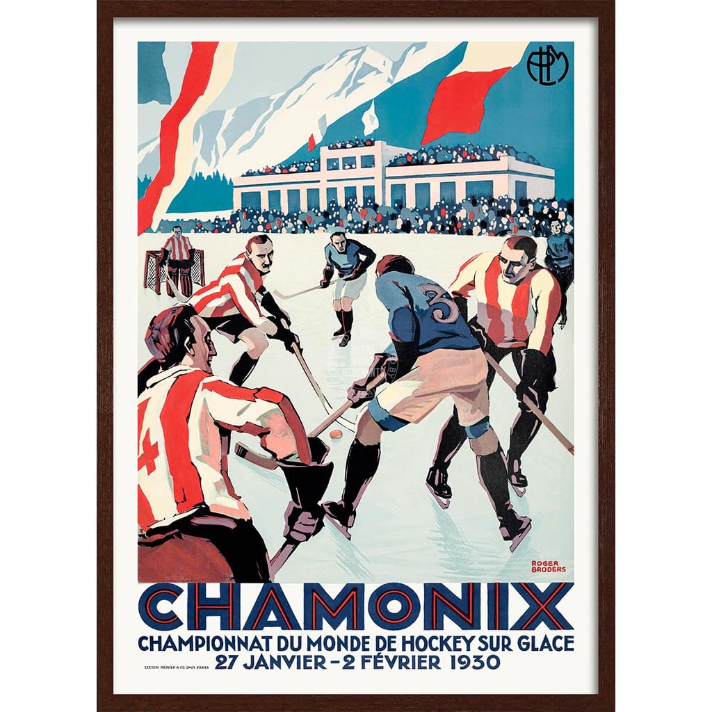 Chamonix Ice Hockey 1930 | France A3 297 X 420Mm 11.7 16.5 Inches / Framed Print: Chocolate Oak