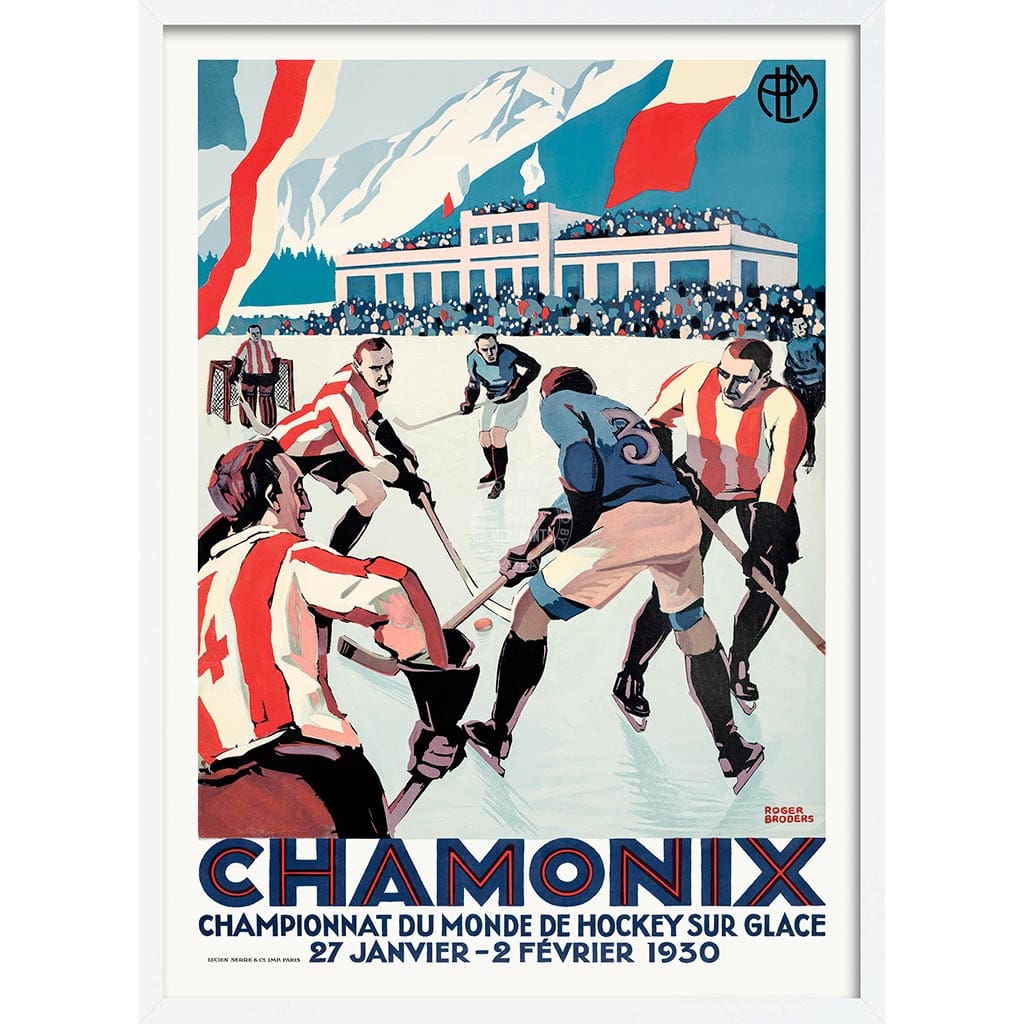 Chamonix Ice Hockey 1930 | France A3 297 X 420Mm 11.7 16.5 Inches / Framed Print: White Timber