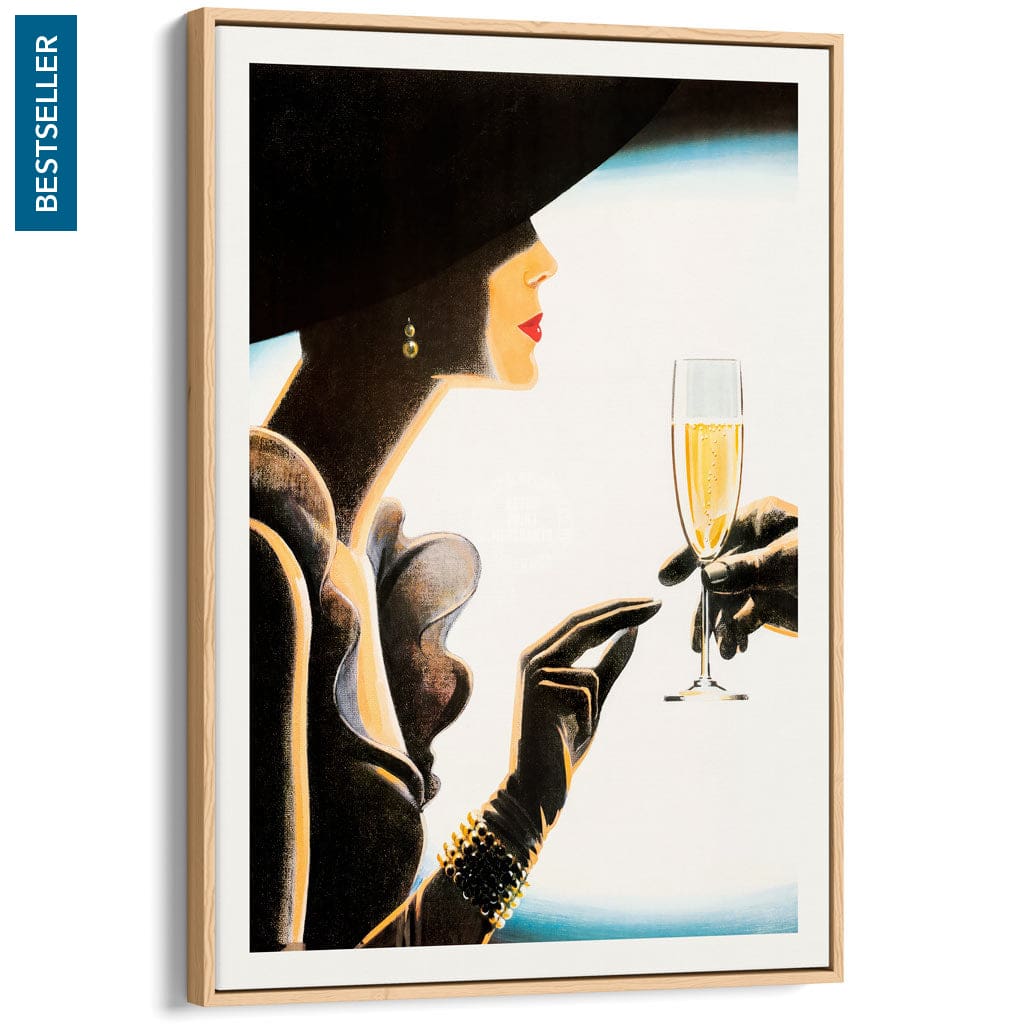 Champagne Woman | France A4 210 X 297Mm 8.3 11.7 Inches / Canvas Floating Frame: Natural Oak Timber