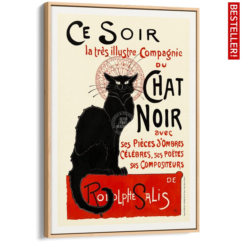 Chat Noir | France A4 210 X 297Mm 8.3 11.7 Inches / Canvas Floating Frame: Natural Oak Timber Print