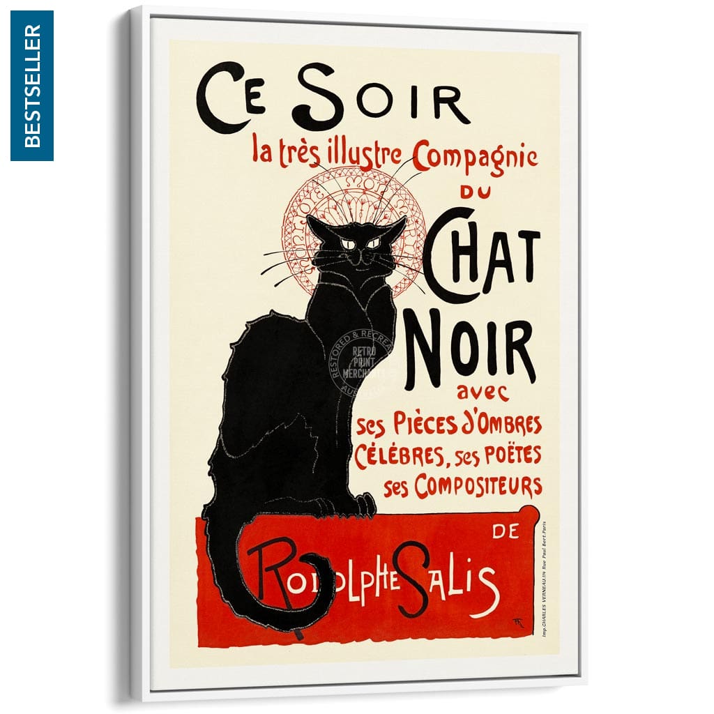 Chat Noir | France A4 210 X 297Mm 8.3 11.7 Inches / Canvas Floating Frame: White Timber Print Art