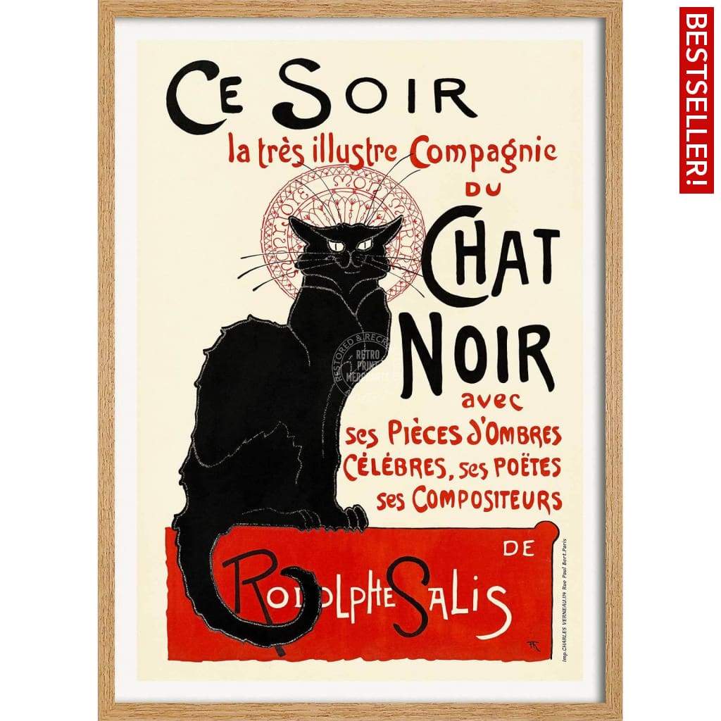 Chat Noir | France A4 210 X 297Mm 8.3 11.7 Inches / Framed Print: Natural Oak Timber Print Art