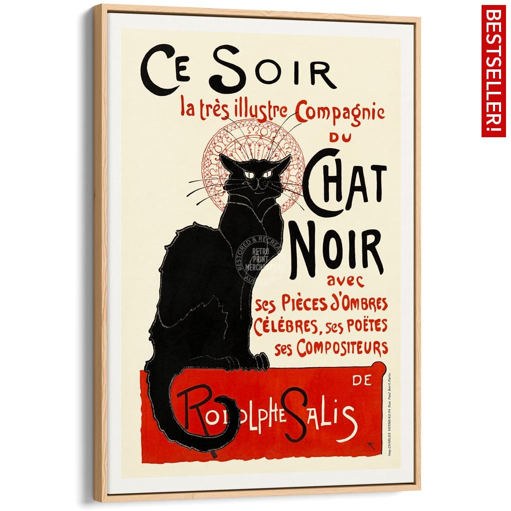 Chat Noir | France A4 210 X 297Mm 8.3 11.7 Inches / Canvas Floating Frame: Natural Oak Timber Print