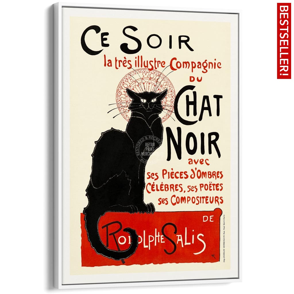 Chat Noir | France A4 210 X 297Mm 8.3 11.7 Inches / Canvas Floating Frame: White Timber Print Art