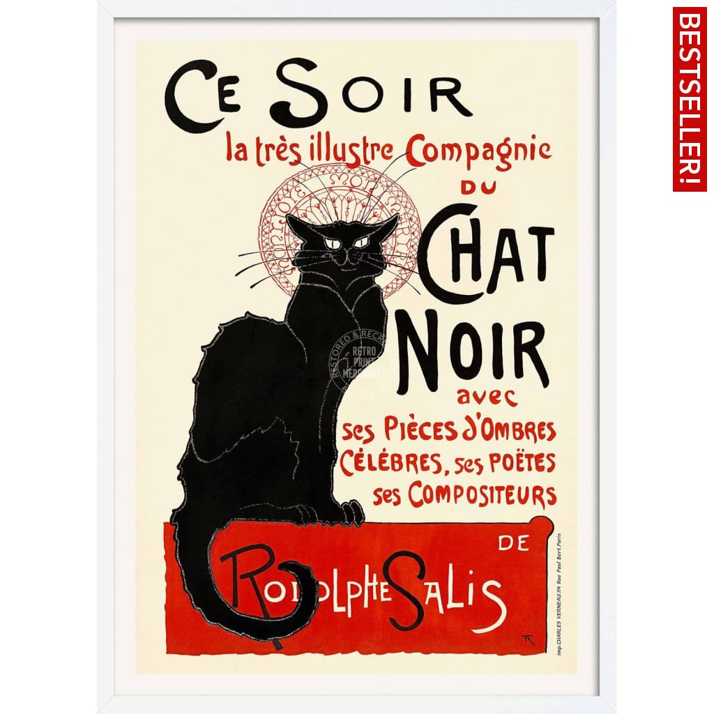 Chat Noir | France A4 210 X 297Mm 8.3 11.7 Inches / Framed Print: White Timber Print Art